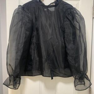 Eloquii Puff Sleeve Bow Back Organza Blouse - Black 16